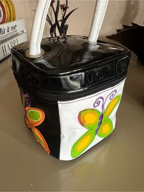 Stylish Black & White Butterfly Tote Bag with Green and Yellow Accents